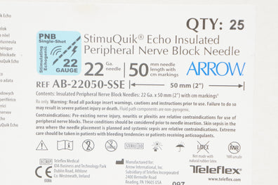 Teleflex AB-22050-SSE Arrow Echo Insulated Peripheral Nerve Block Ndle-Box of 25